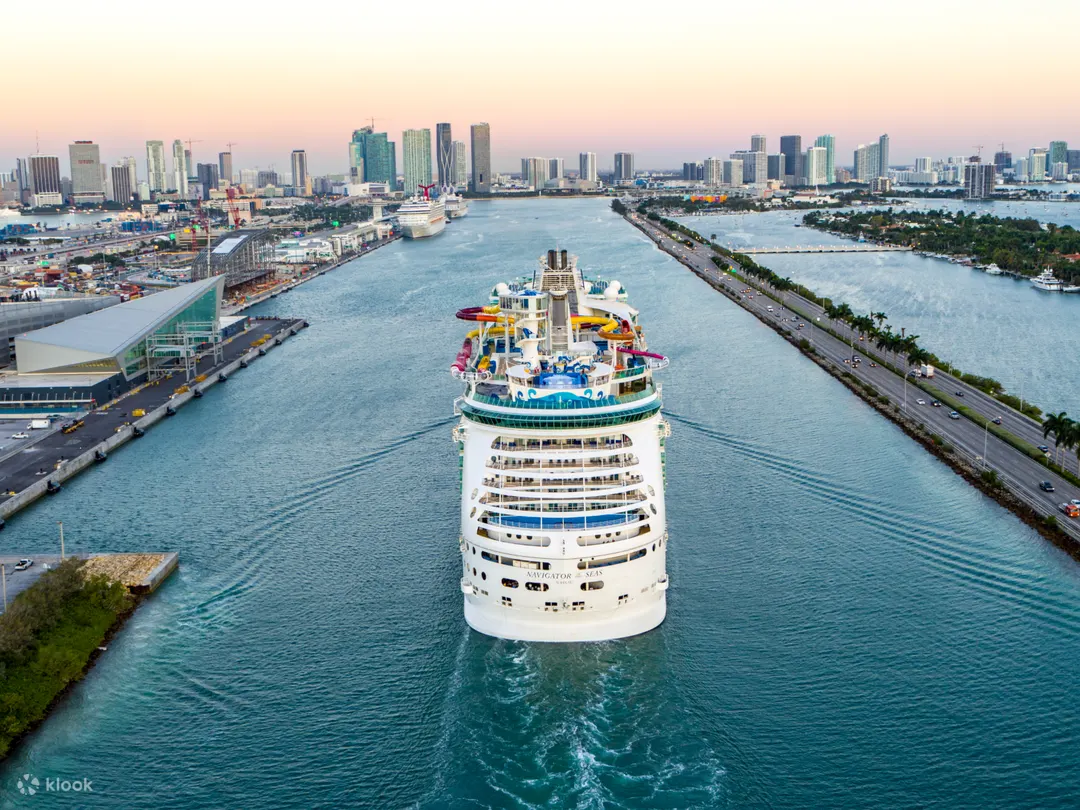 Navigator of the Seas from above, showing the pool deck and waterslides