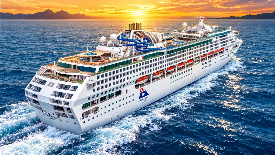 Star Voyager cruise ship sailing through deep blue ocean waters at sunset