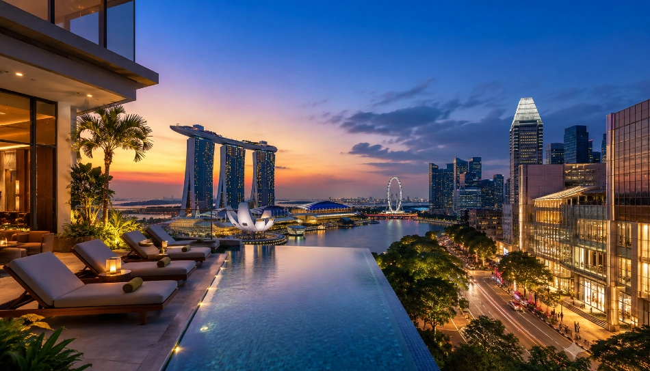 Marina Bay skyline at dusk with Marina Bay Sands and the Singapore Flyer in view