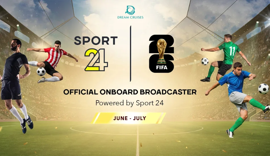 FIFA World Cup 2026 match playing on a large screen at a cruise ship sports bar with crowd watching