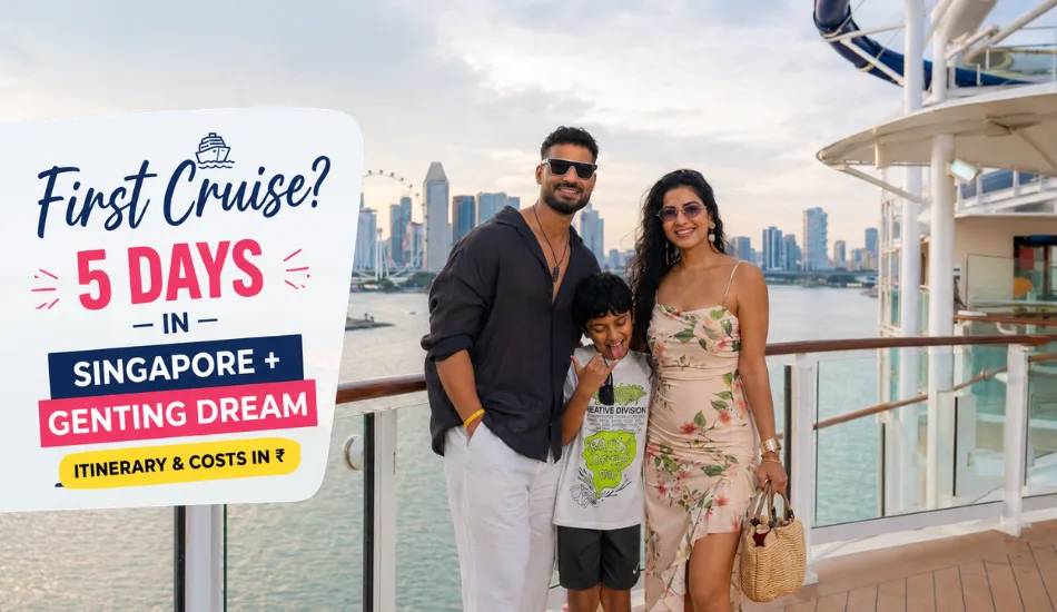 Indian family on Genting Dream cruise deck with Singapore skyline in background