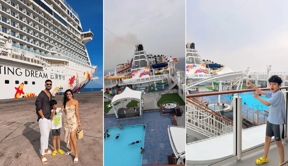 Indian family enjoying pool deck on Genting Dream with waterslides and Singapore skyline