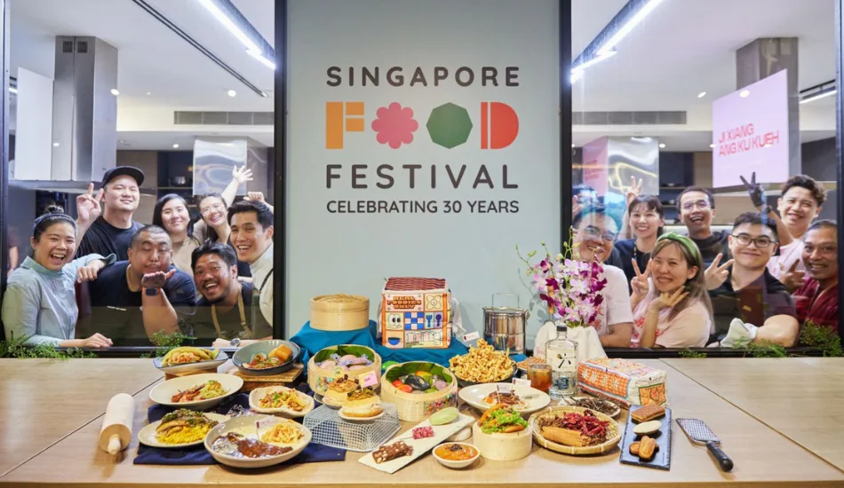 Singapore Food Festival pop-up at Bayfront Event Space with hawker stalls and crowds at dusk