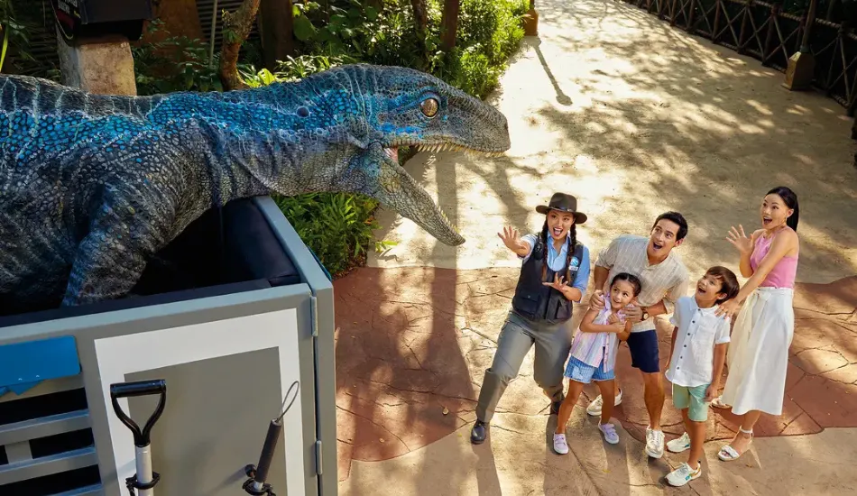 Family enjoying a dinosaur encounter at Universal Studios Singapore