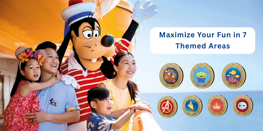Family with Disney character on deck promoting Disney Adventure Singapore’s seven themed areas across Disney, Pixar and Marvel