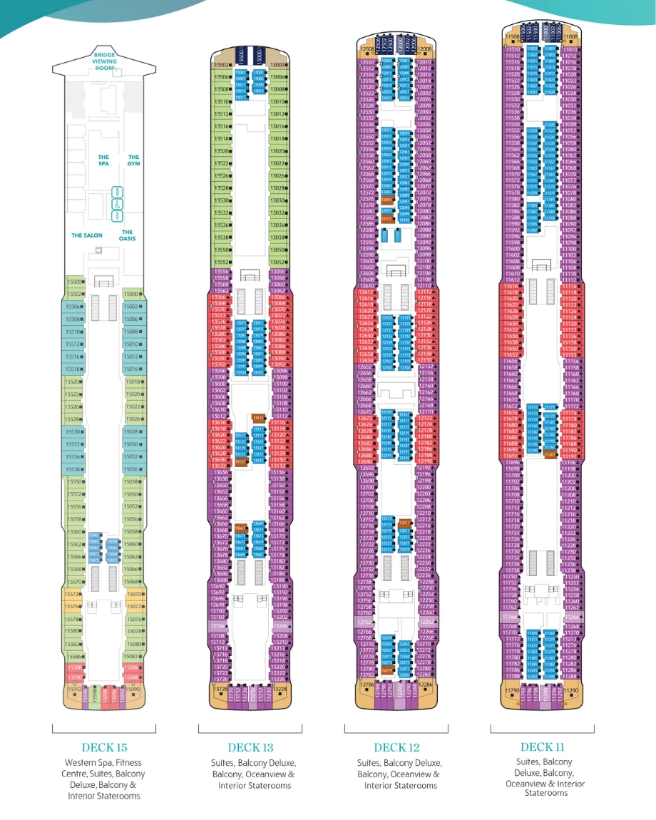 Genting Dream cabin deck maps for decks 15, 13, 12 and 11 with spa, gym and stateroom layouts.