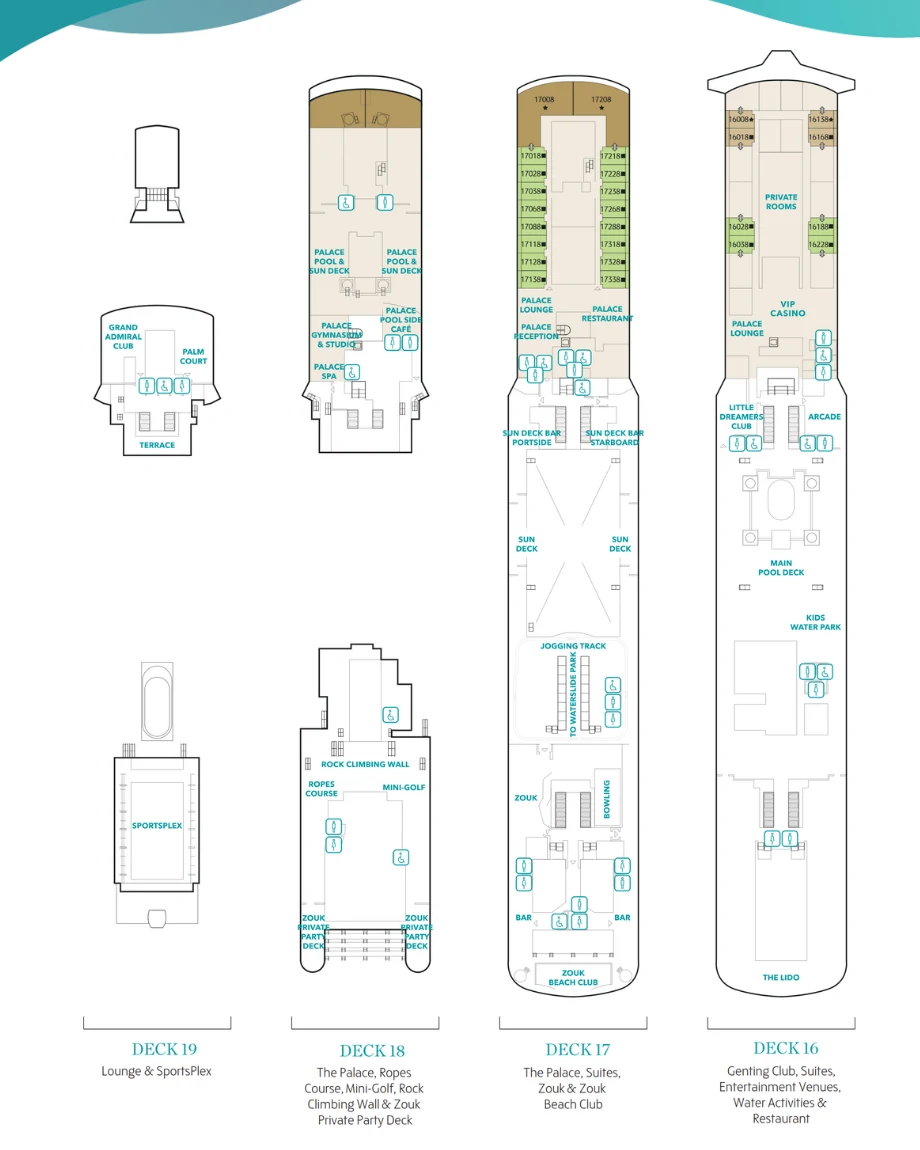 Genting Dream deck plan for decks 19–16 showing Palace areas, SportsPlex, Zouk, main pool, kids water park and The Lido.