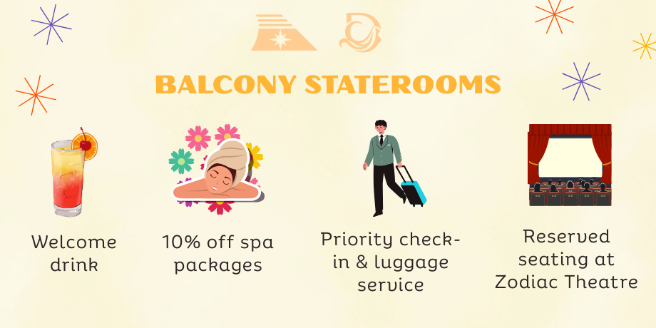 Benefits of Balcony Stateroom on Genting Dream Cruise – welcome drink, spa discount, priority check-in, and Zodiac Theatre seating