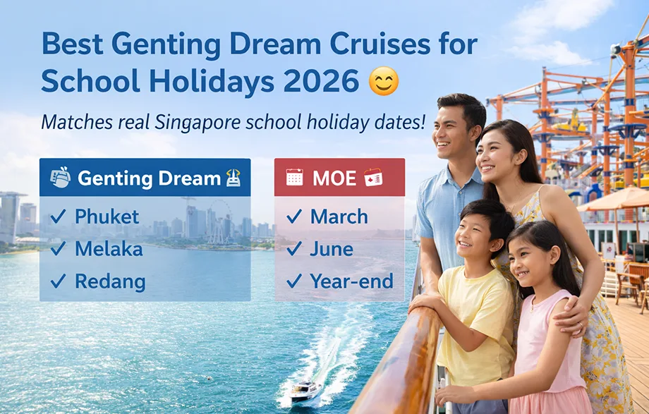 family on a genting dream cruise deck with singapore views, matching school holidays 2026
