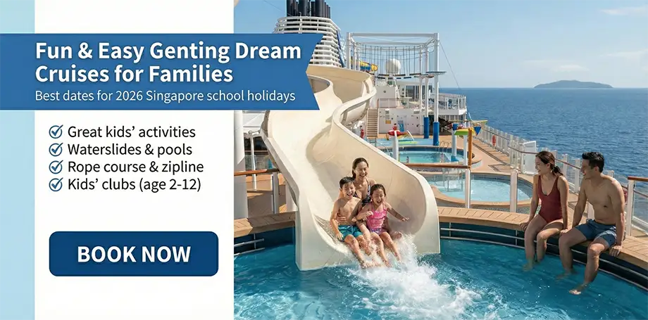 genting dream family cruise features: kids activities, waterslides, rope course, and kids club