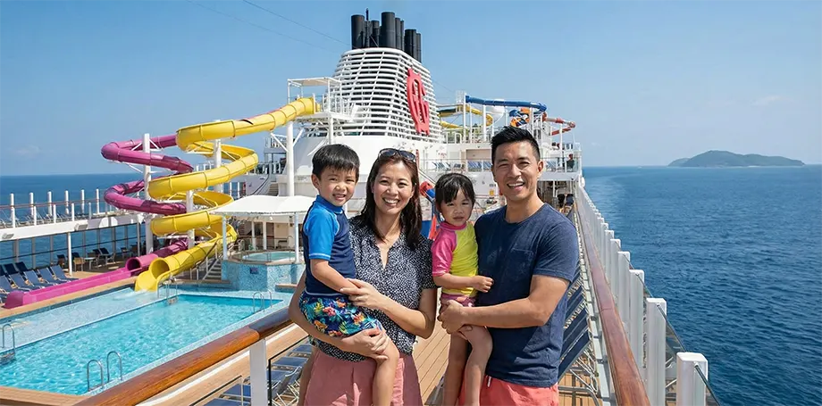 family photo on a cruise ship deck with waterslides and pool, great for singapore school holidays