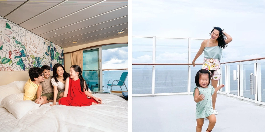 Family enjoying room comfort and ocean balcony on Genting Dream