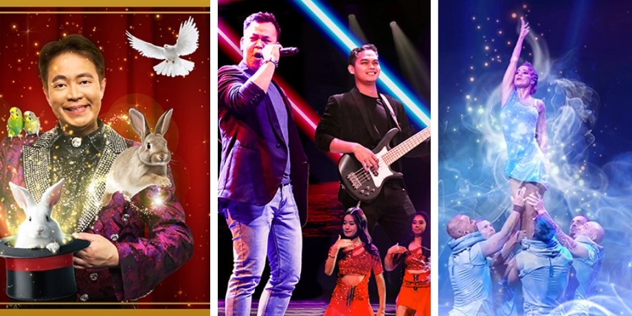 Magicians, singers, and dancers performing onboard Genting Dream