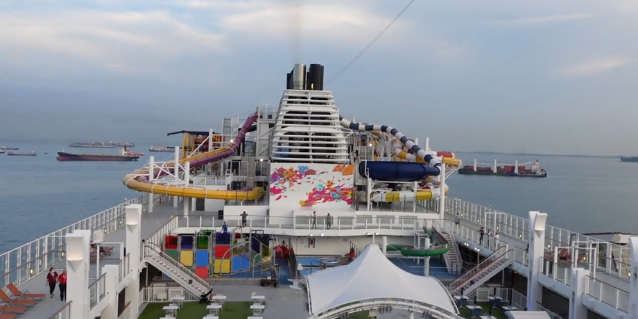 Aerial view of top deck and water slides on Genting Dream