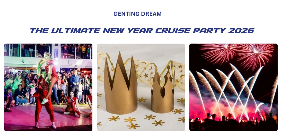 Genting Dream New Year 2026 highlights—deck performance, DIY crown crafts, and fireworks over the ocean.