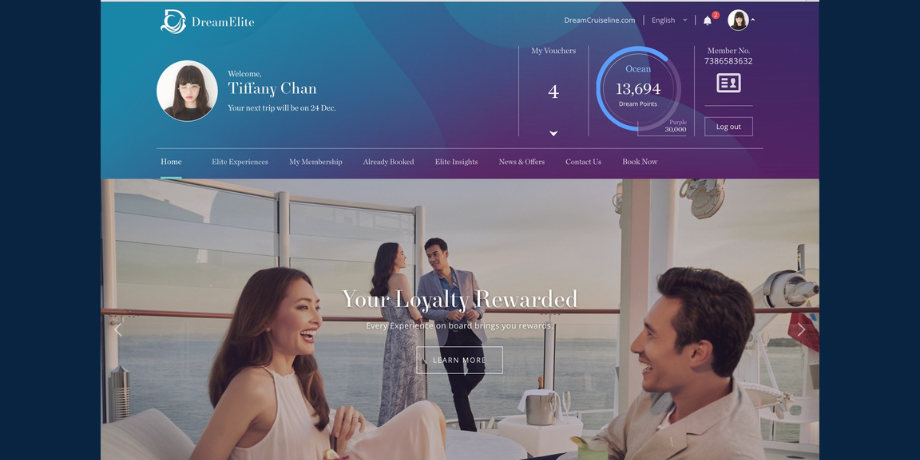 DreamElite member dashboard showing Dream Points, vouchers, and cruise details on Genting Dream Cruise DreamElite member dashboard showing Dream Points, vouchers, and cruise details on Genting Dream Cruise