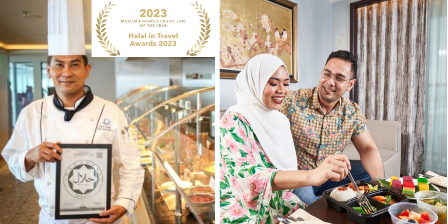 Halal-certified chef and Muslim couple enjoying room service on Genting Dream Cruise