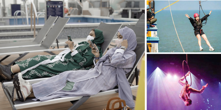Muslim women enjoying halal-friendly cruise activities including zipline, live shows, and sunbathing