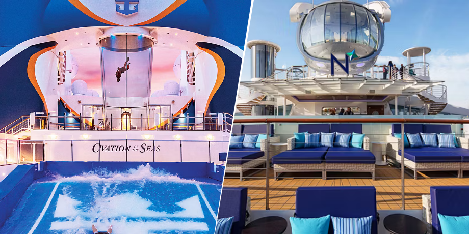 Deck activities on Ovation of the Seas featuring iFLY skydiving and North Star observation capsule