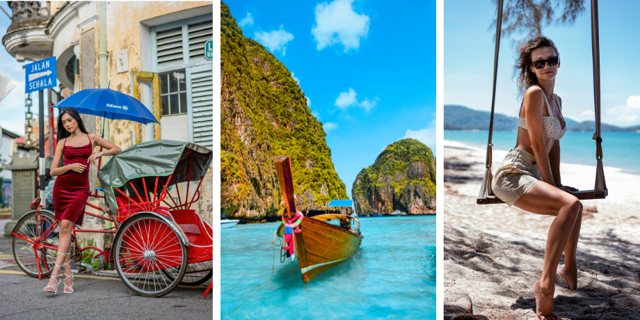 Woman with rickshaw in Penang, longtail boat at Phi Phi Islands, and beach swing in Phuket