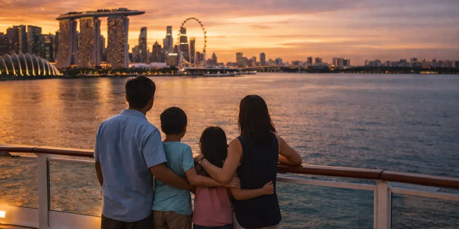 family watching the singapore skyline at sunset from a cruise ship deck