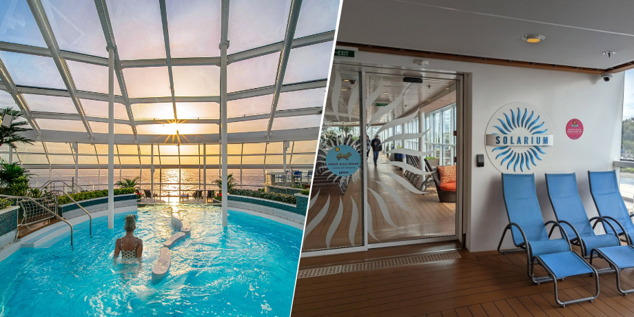 Couple relaxing in the adult-only Solarium on Ovation of the Seas with sunset views Couple relaxing in the adult-only Solarium on Ovation of the Seas with sunset views