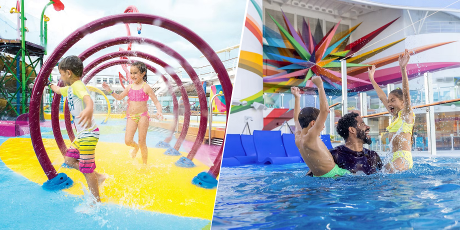 Children playing in Splashaway Bay and families enjoying pool time on Ovation of the Seas Children playing in Splashaway Bay and families enjoying pool time on Ovation of the Seas