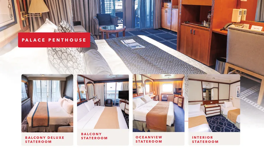 Star Voyager cabin types: Balcony Deluxe, Balcony, Oceanview, Interior