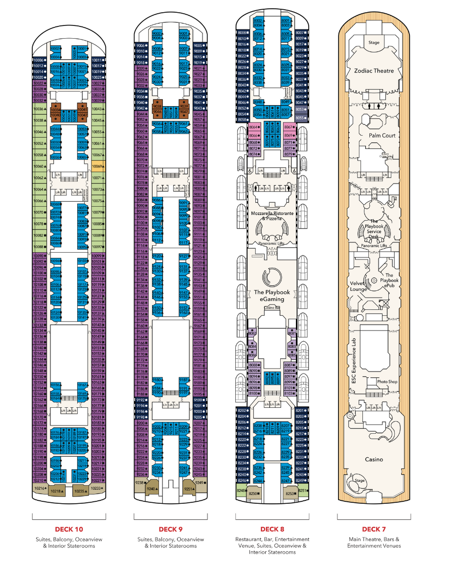 Star Voyager Cruise deck layout of Decks 10 to 7 featuring suite and stateroom placements, restaurants like Mozzarella Ristorante, Zodiac Theatre, and The Playbook eGaming