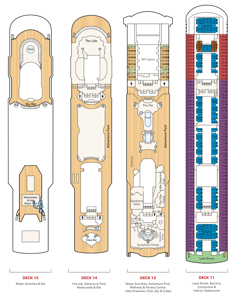 Star Voyager Cruise deck plan showing Decks 15 to 11 with labeled areas for pools, Sky Bar, The Lido, VIP Casino, Symphony Fitness, and Lawn Bowls