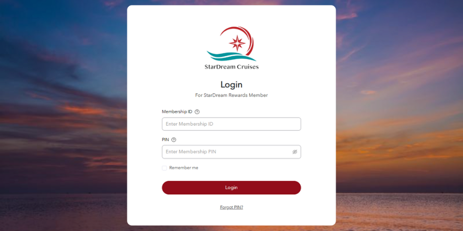StarDream Cruises login screen for membership portal with Membership ID and PIN fields StarDream Cruises login screen for membership portal with Membership ID and PIN fields