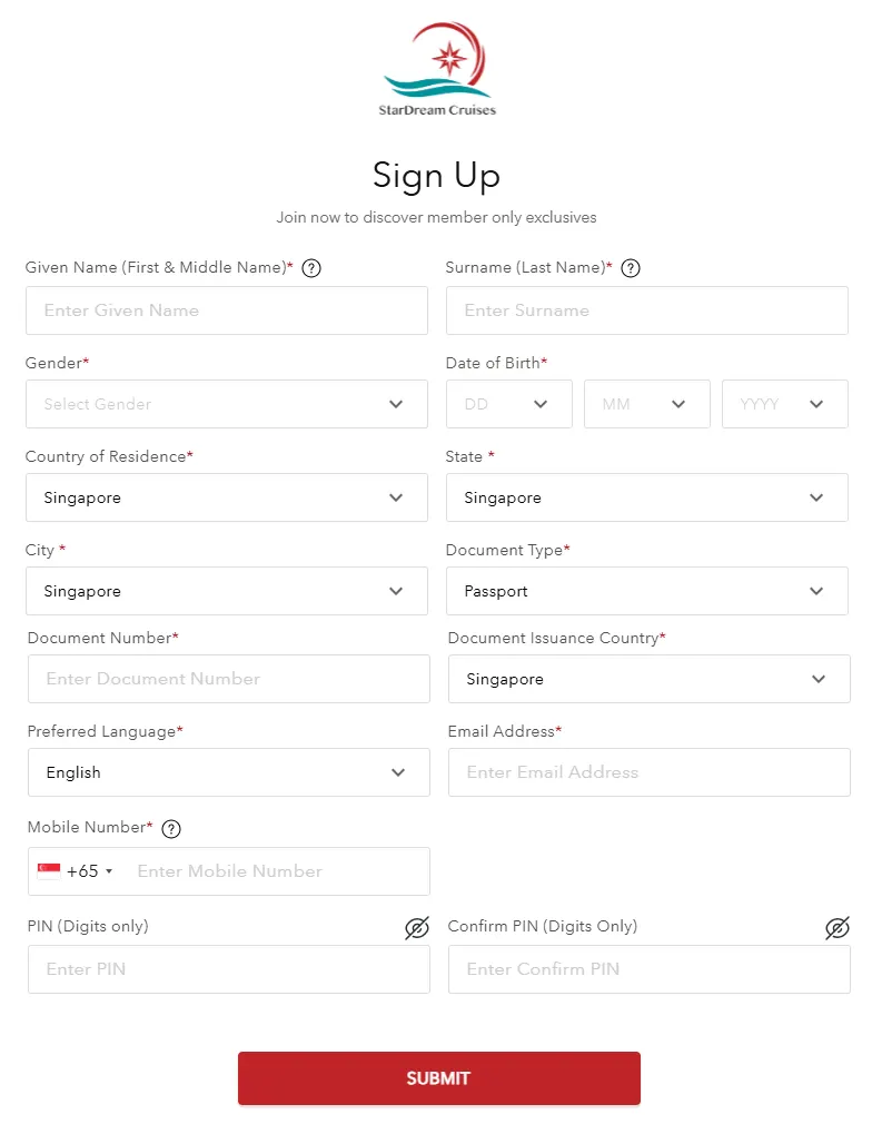 Sign-up form for StarDream Rewards, the free StarDream Cruises membership program for guests aged 18 and above.