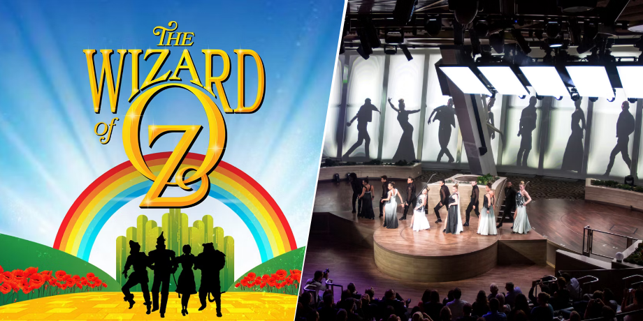 Live performance of The Wizard of Oz and shadow dancers on stage aboard Ovation of the Seas Live performance of The Wizard of Oz and shadow dancers on stage aboard Ovation of the Seas